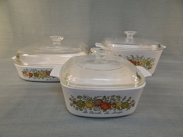 3 Vintage Corning Spice of Life Casserole Dishes with Pyrex Lids - Models A-11/2-B, A-B-3; A-10-B