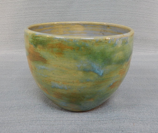 Green and Pastels Glazed Pottery Bowl, Signed by Artist