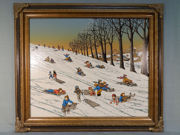 "Sled Hill" by H. Hargrove Print on Canvas - Very Good Condition as Noted
