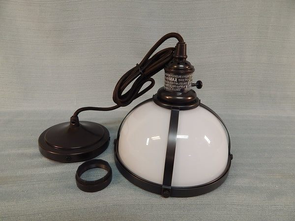 Pottery Barn Small Milk Glass Pendant Light - Bronze Finish - Brand New!