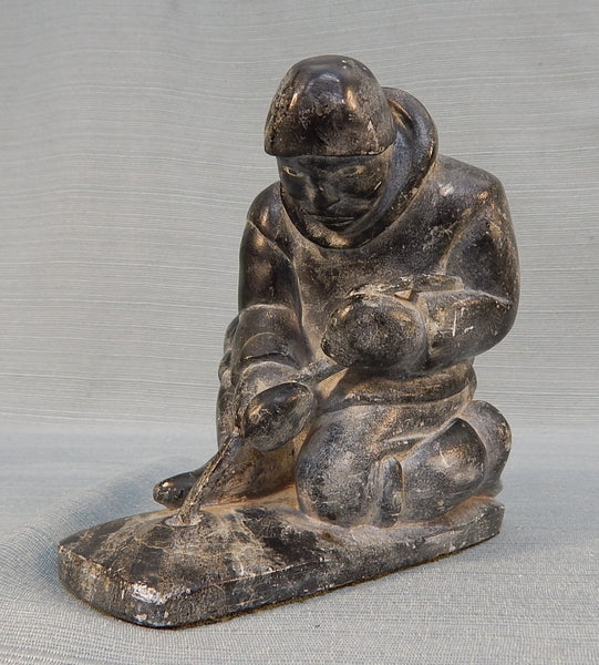 Inuit Soapstone Ice Fisherman 6" Carved Figurine