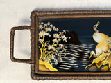 Cranes in Marsh Wood Tray with Brown Wicker Frame