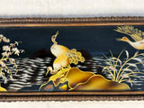 Cranes in Marsh Wood Tray with Brown Wicker Frame