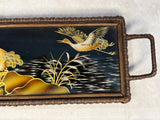Cranes in Marsh Wood Tray with Brown Wicker Frame