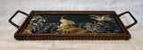 Cranes in Marsh Wood Tray with Brown Wicker Frame