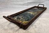 Cranes in Marsh Wood Tray with Brown Wicker Frame