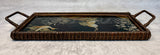 Cranes in Marsh Wood Tray with Brown Wicker Frame