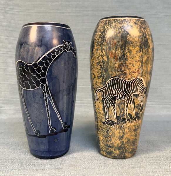 Pair Of Kenyan Carved Soapstone Vases with Animal Designs