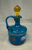 Blue and Amber Blown Glass Cruet and Stopper with Handpainted Designs