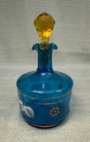 Blue and Amber Blown Glass Cruet and Stopper with Handpainted Designs