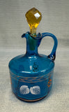Blue and Amber Blown Glass Cruet and Stopper with Handpainted Designs
