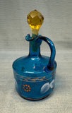 Blue and Amber Blown Glass Cruet and Stopper with Handpainted Designs