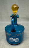 Blue and Amber Blown Glass Cruet and Stopper with Handpainted Designs
