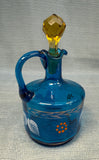 Blue and Amber Blown Glass Cruet and Stopper with Handpainted Designs