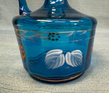 Blue and Amber Blown Glass Cruet and Stopper with Handpainted Designs