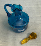 Blue and Amber Blown Glass Cruet and Stopper with Handpainted Designs