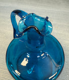 Blue and Amber Blown Glass Cruet and Stopper with Handpainted Designs