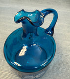 Blue and Amber Blown Glass Cruet and Stopper with Handpainted Designs