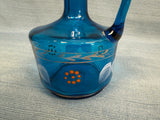 Blue and Amber Blown Glass Cruet and Stopper with Handpainted Designs
