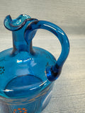Blue and Amber Blown Glass Cruet and Stopper with Handpainted Designs