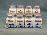 Vintage Hazel Atlas Milk Glass Spice Shakers Set with Rack