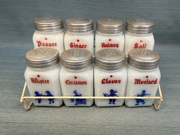 Vintage Hazel Atlas Milk Glass Spice Shakers Set with Rack