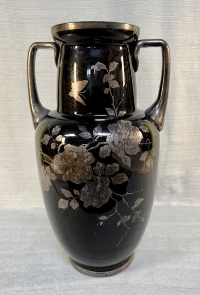 Large Black Glass Two-Handled Vase with Silver Overlay