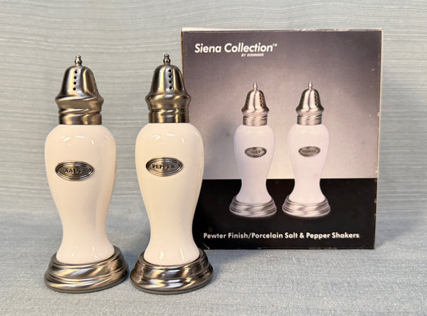 Siena Collection Porcelain & Pewter Salt & Pepper by Godinger - Brand New!