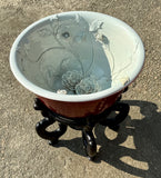 Ornate Pond Lily Ceramic Planter Bird Bath with Wood Stand