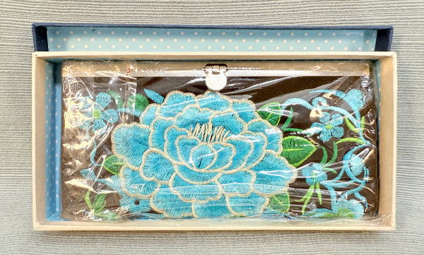 Kiss Baby Embroidered Clutch Purse Blue Rose Peacock - Brand New!