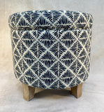 Homepop Upholstered Round Storage Ottoman with Flared Legs, Navy Blue Geometric - Like New!