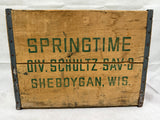 Springtime Beverages Sheboygan, Wis. Wooden Bottle Crate - Green Lettering