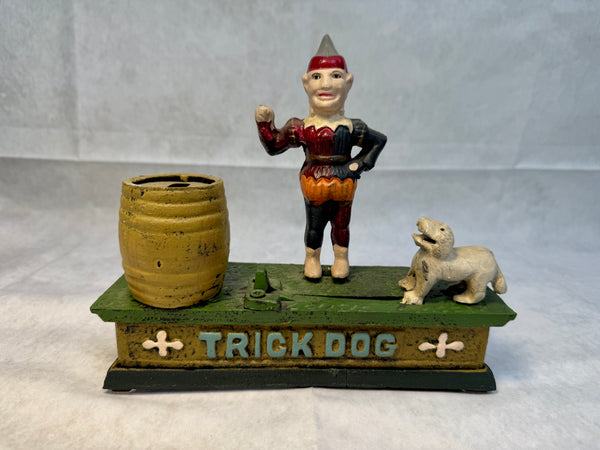 Vtg Cast Iron Trick Dog Mechanical Coin Bank Circus Clown Works w/Stopper