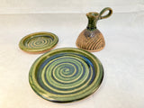 Set of Stoneware Cruet and 2 Plates