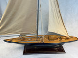 Single Mast Sailboat 4' Wooden Model with Brass Fittings and Cloth Sails