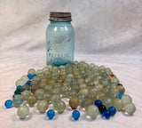 115 Marbles in Vintage Blue Ball Perfect Mason Jar with Lid