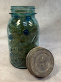 115 Marbles in Vintage Blue Ball Perfect Mason Jar with Lid