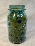 115 Marbles in Vintage Blue Ball Perfect Mason Jar with Lid
