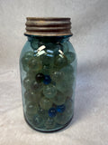 115 Marbles in Vintage Blue Ball Perfect Mason Jar with Lid