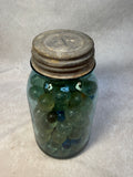 115 Marbles in Vintage Blue Ball Perfect Mason Jar with Lid