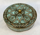 Vintage Daher 8" Round Turquoise Gold White Mosaic Tin, England