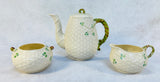 Belleek Ireland Shamrock Tea Pot, Creamer and Sugar Set