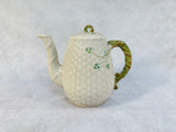 Belleek Ireland Shamrock Tea Pot, Creamer and Sugar Set