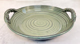 13" Gray Green Round Pottery Platter with 2 Handles by David
