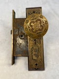 Antique Maltese Cross Brass Door Knob Set with Face Plates and Mortise Lock