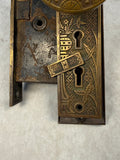 Antique Maltese Cross Brass Door Knob Set with Face Plates and Mortise Lock