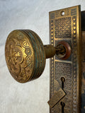 Antique Maltese Cross Brass Door Knob Set with Face Plates and Mortise Lock