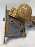 Antique Maltese Cross Brass Door Knob Set with Face Plates and Mortise Lock