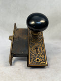 Antique Black Enameled Brass Door Knob Set w/Face Plates & Mortise Lock