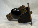 Antique Black Enameled Brass Door Knob Set w/Face Plates & Mortise Lock